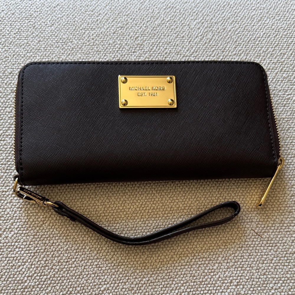 Michael Kors Dark Brown Wristlet with Gold Accents